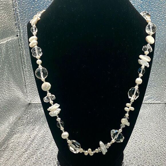 OU#  Long 26” Pearl & Crystal Necklace w/ 925 Silver Clasp - Picture 2 of 9